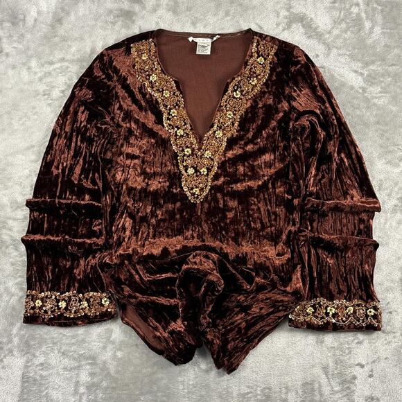 Page Tops - Vintage Page Brown Velvet Embellished V-neck Long-sleeve Top Size XS